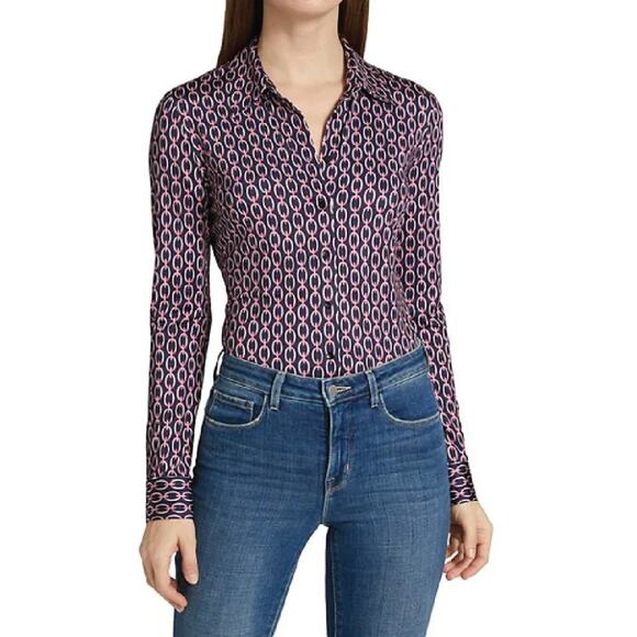 L'Agence - Harmony printed stretch chain motiff blue pink blouse - Size Small - Picture 3 of 11